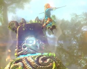 Link fights a bucket headed monstrosity, from the new open world Legend of Zelda.